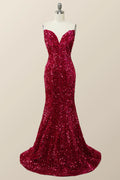 Strapless V Neck Fuchsia Sequin Mermaid Party Dress