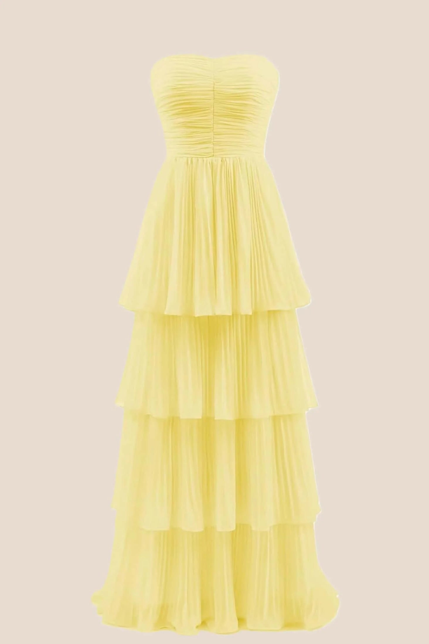 Yellow Chiffon Pleated A-line Tiered Maxi Dress