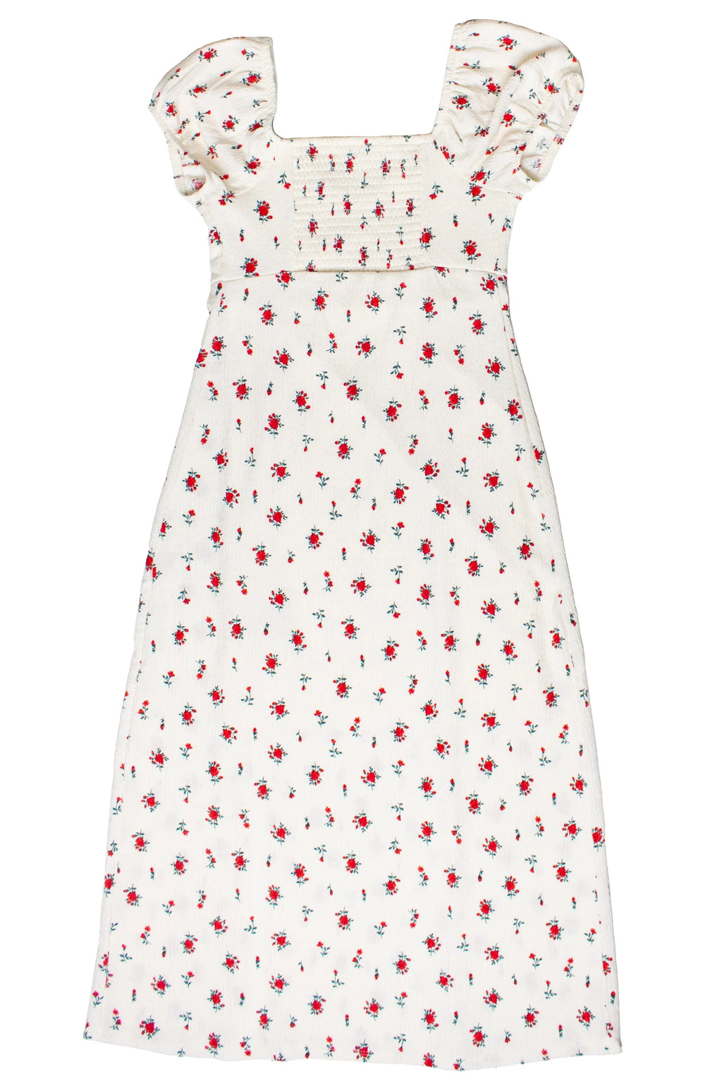 Rose Print Empire Waist Puff Sleeve Dress