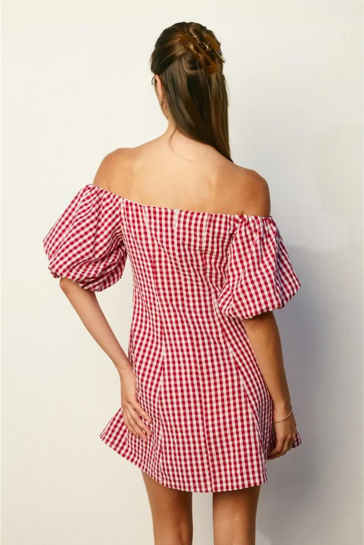 Margot Retro Gingham Off The Shoulder Mini Dress - Red