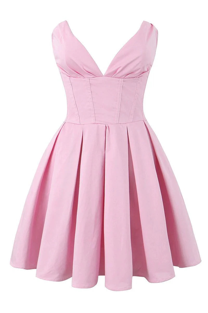 V-neck Pink Pleated Short Party Dress