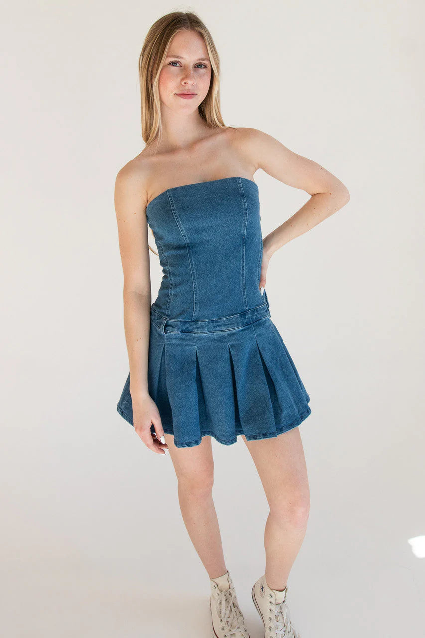 Strapless Denim Pleated Mini Dress