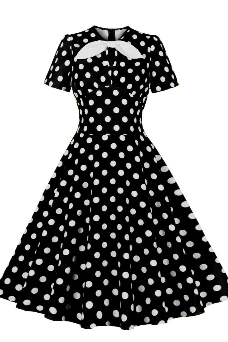 Yellow and White Polk Dots Bow Swing Dress