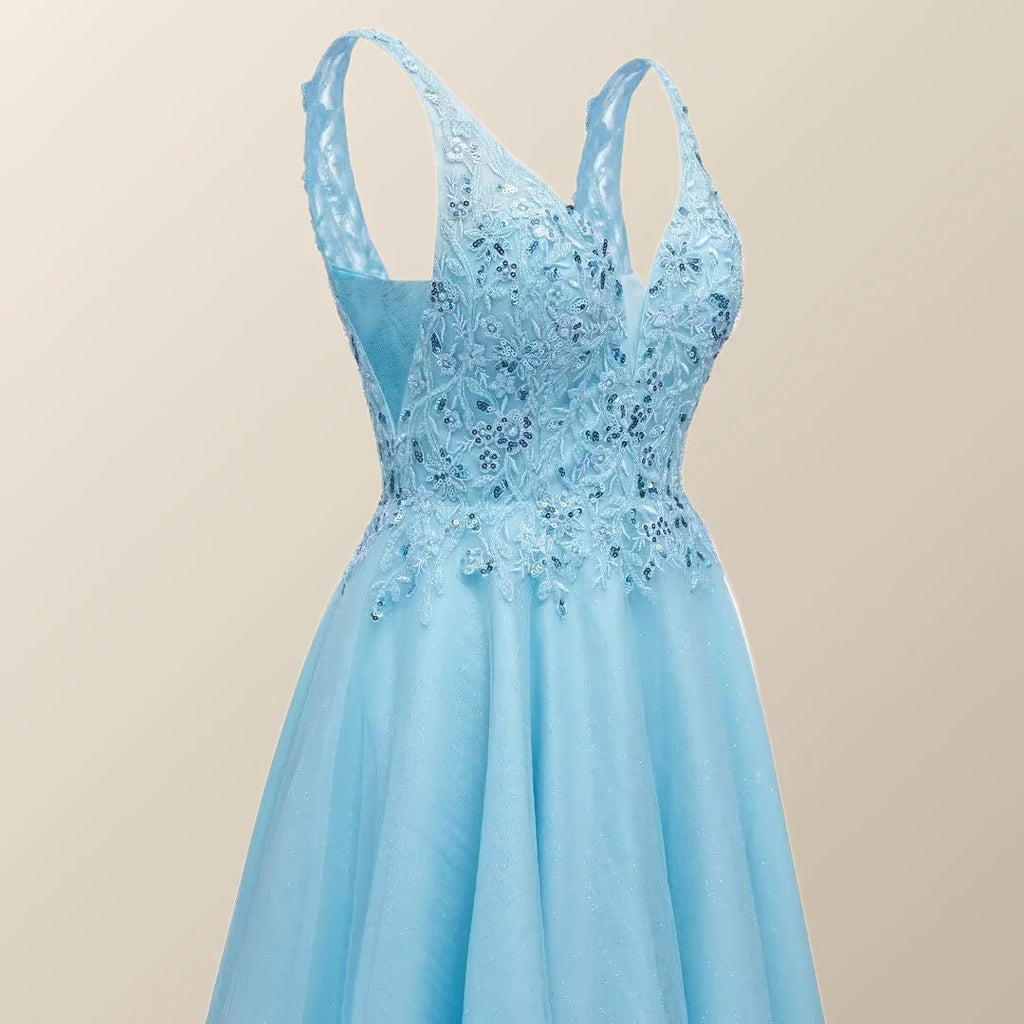 V Neck Blue Appliques Tulle A-line Short Dress