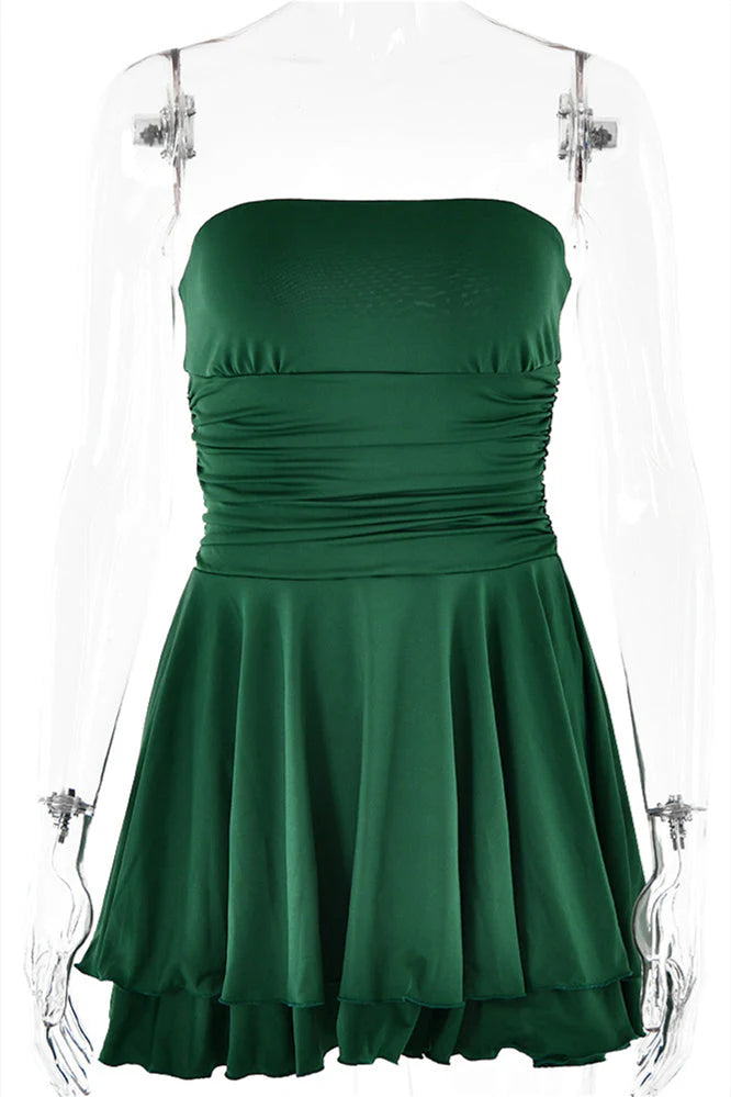 Strapless Orange Ruffle Ruched Short Dress