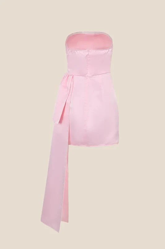 Strapless Pink Satin Tight Mini Dress with Train