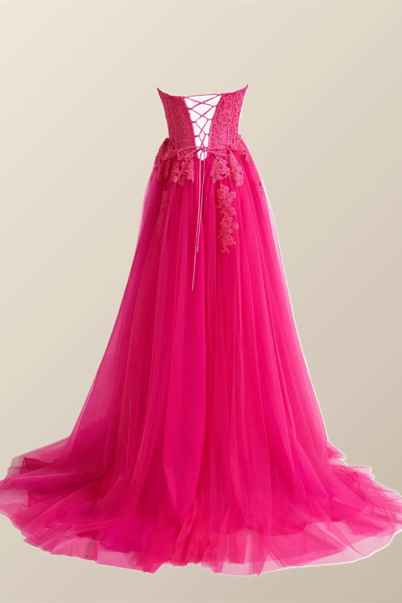 Hot Pink Lace Appliques A-line Long Dress