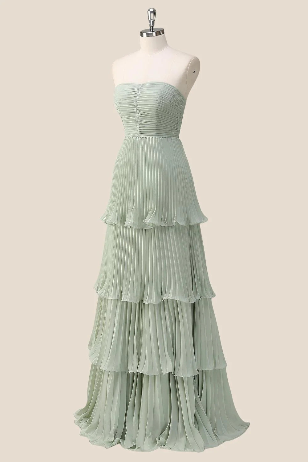 Strapless Light Blue Pleated Tiered Long Party Dress