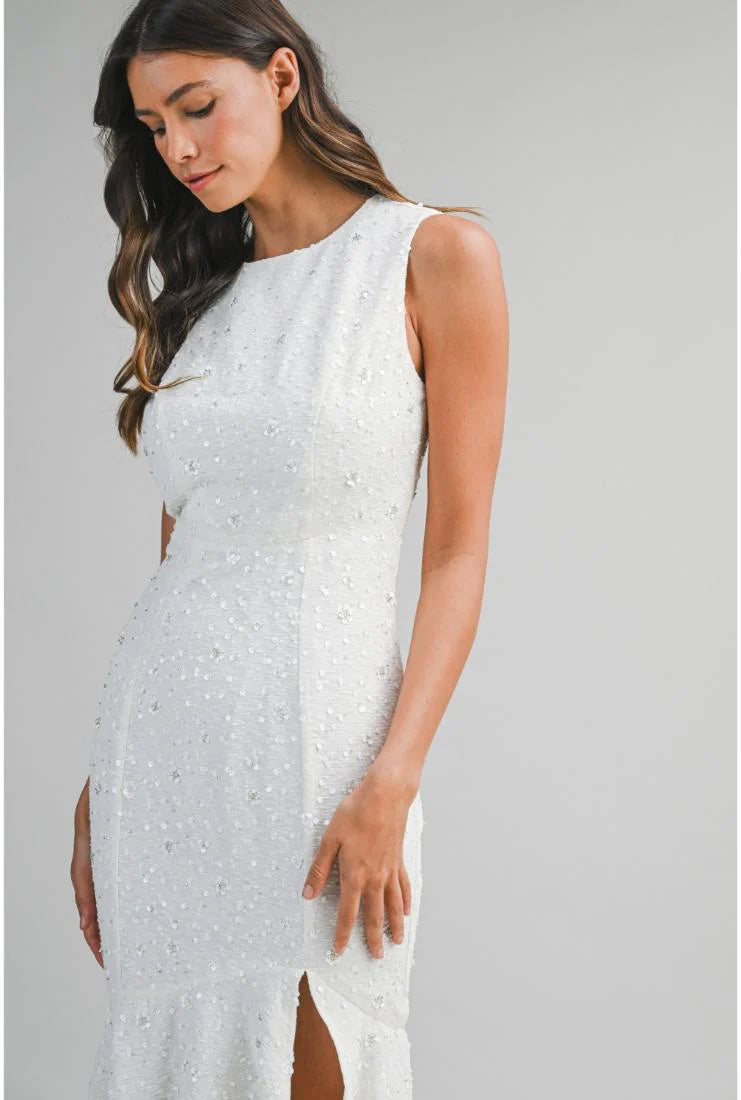 Whitney Beaded Sequin Mermaid Hem Midi Dress - White