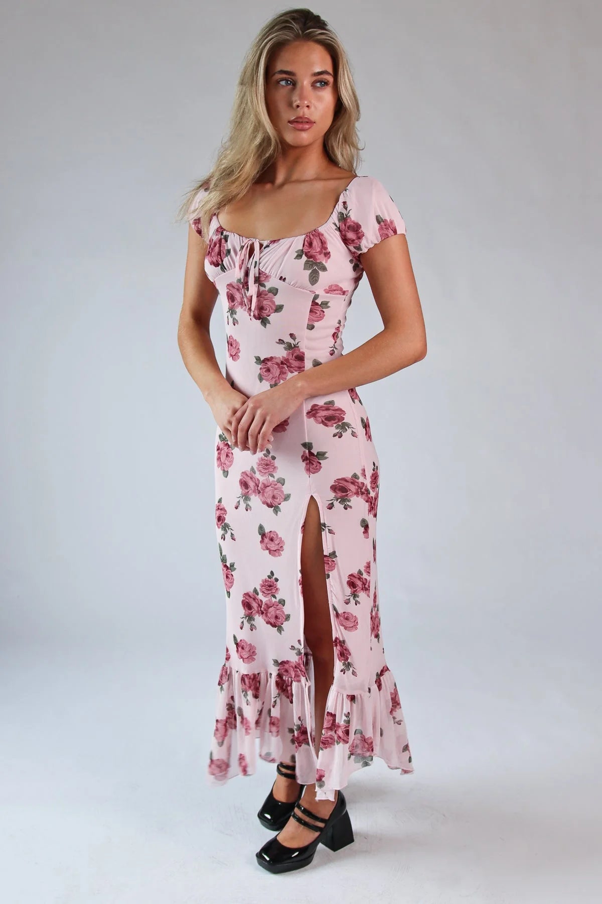 Mesh Puff Sleeve Hanky Hem Maxi Dress