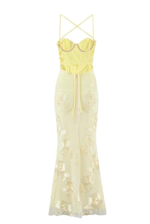 Yellow Embroidered Fitted Straps Dress
