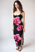 Large Flower Print Mesh Maxi Dress
