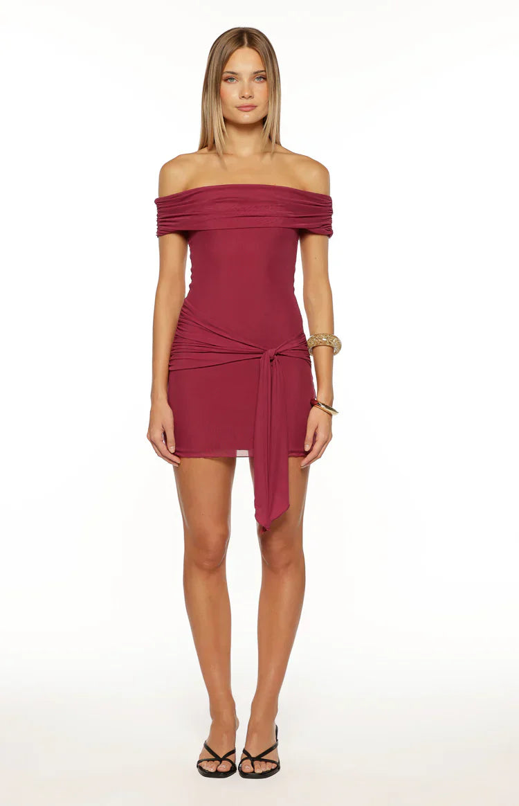Heather Burgundy Off Shoulder Wrap Mini Dress