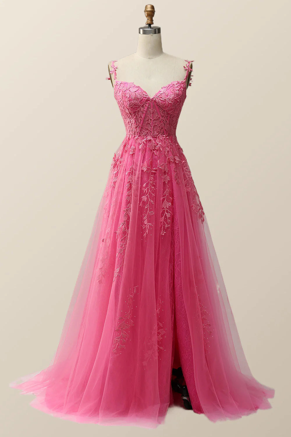 Hot Pink Lace Appliques A-line Long Formal Gown