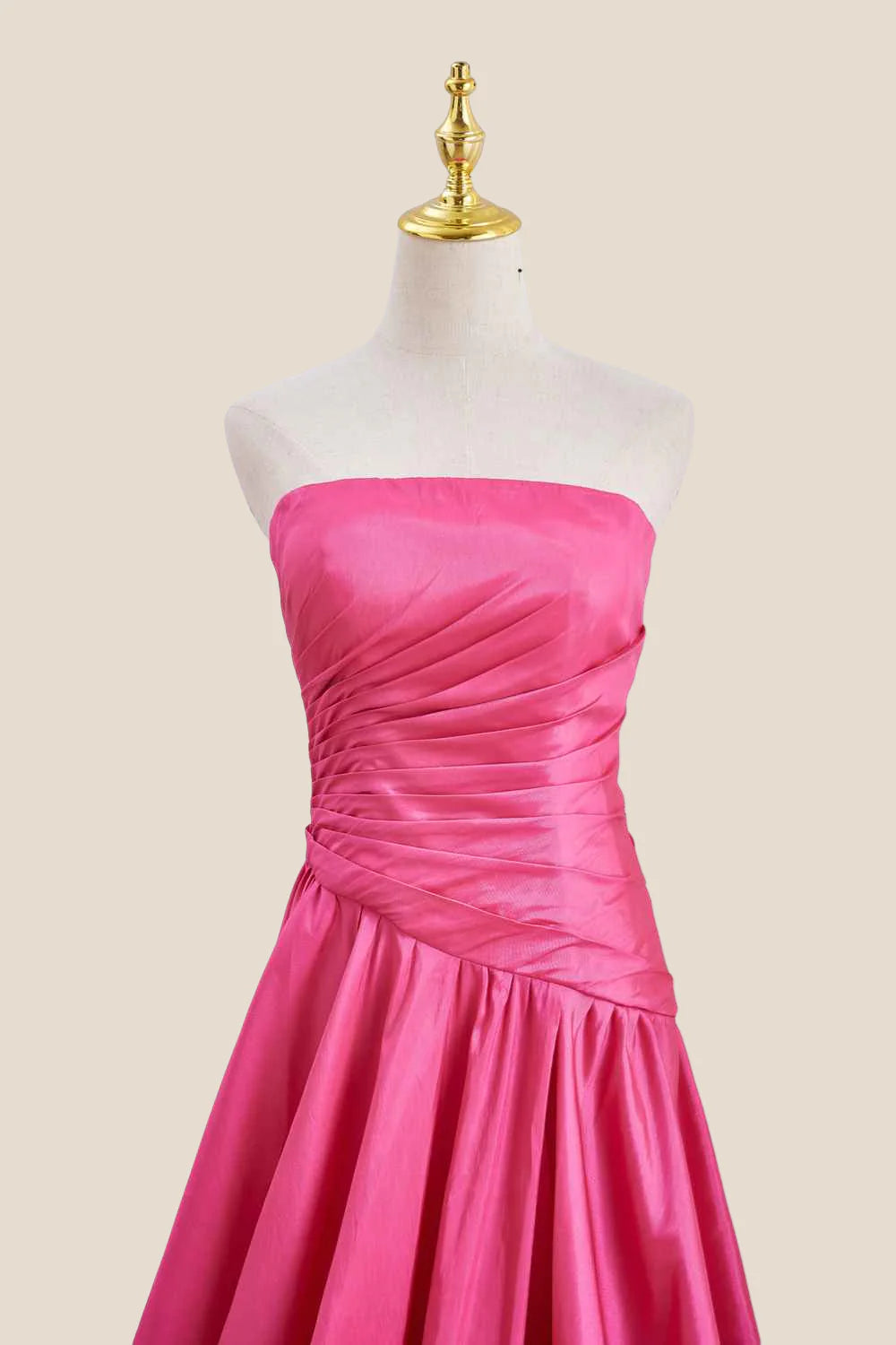 Strapless Hot Pink Ruched Long Formal Gown