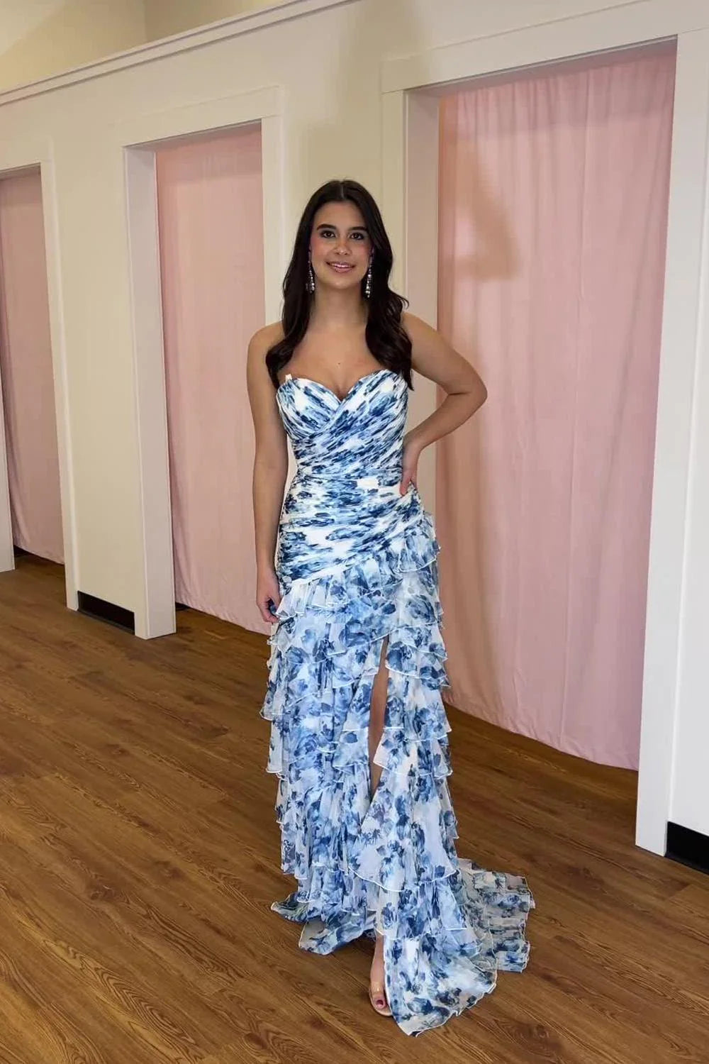 Strapless Pink Floral Print Ruffle Long Dress