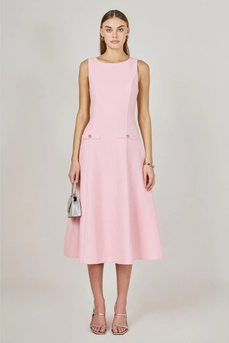 Princess High Neck Tweed Midi Dress - Pink