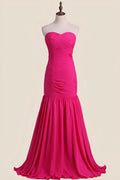 Strapless Hot Pink Pleated Mermaid Long Party Dress