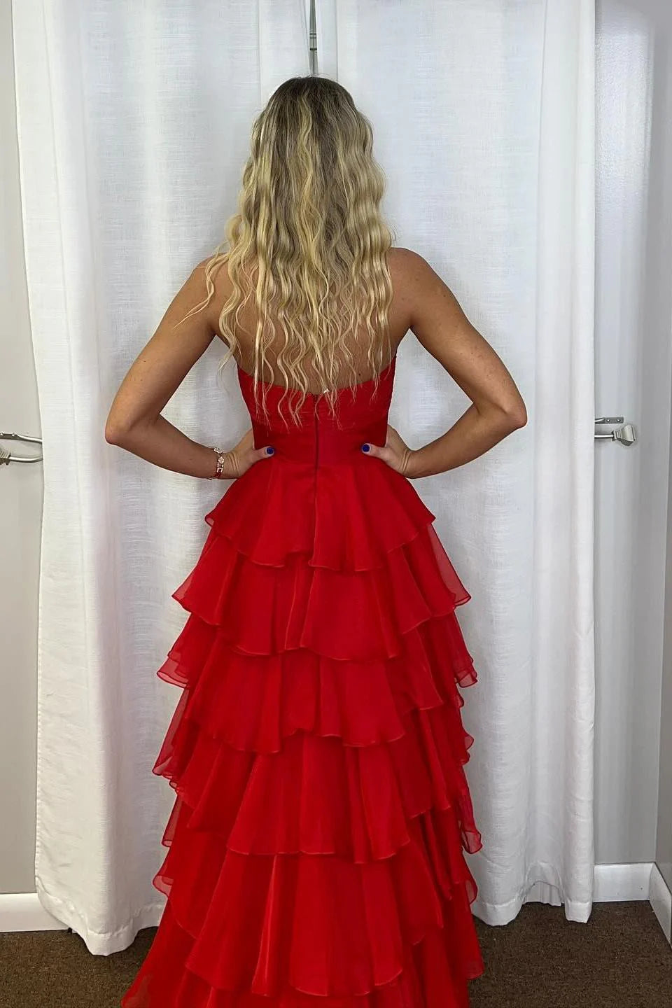 Strapless Hot Pink Rosette Tiered Long Dress