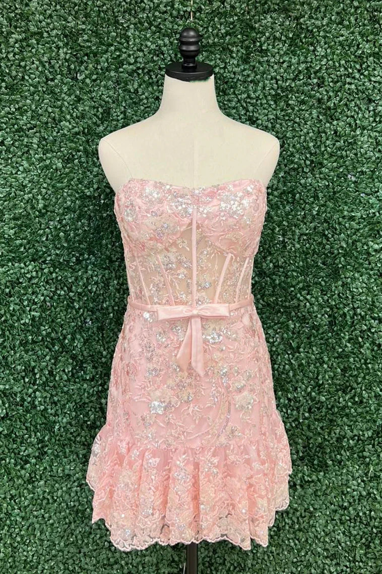 Strapless Pink Sequin Mermaid Mini Dress