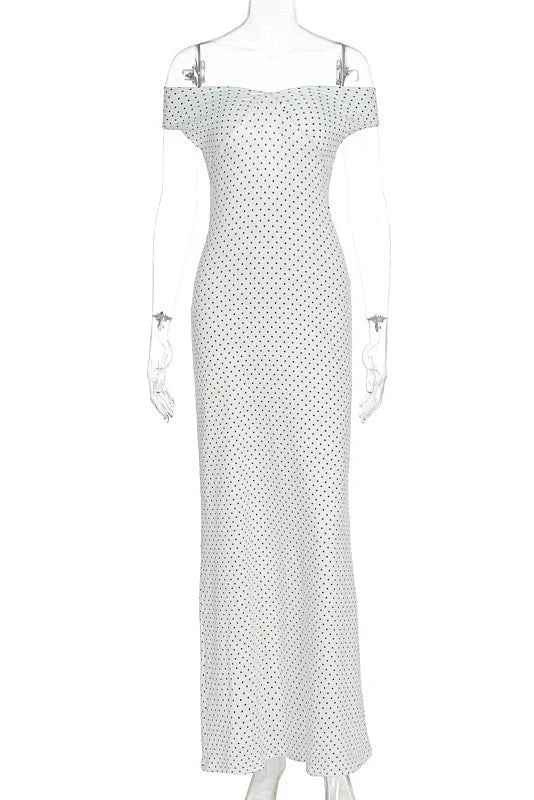 White Off-shoulder Polka Dot Long Dress