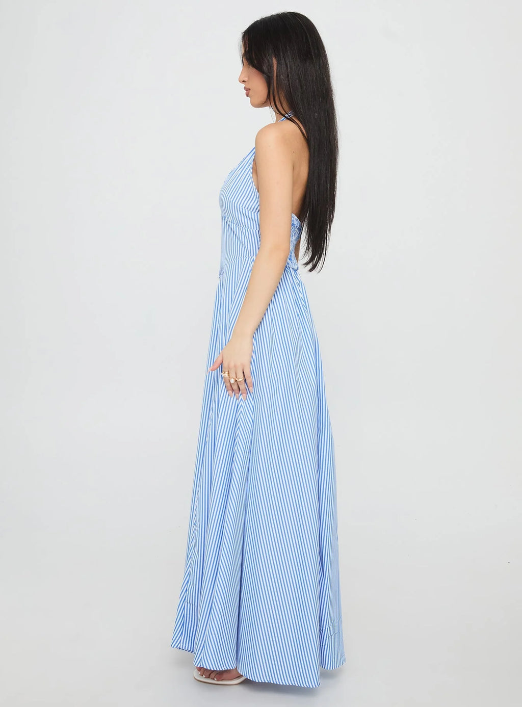 Ivie Halter Plunge Maxi Dress Blue Stripe