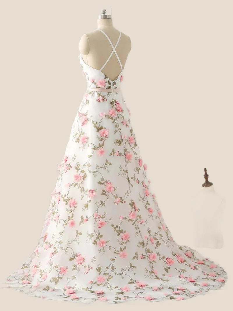 White Straps 3D Floral A-line Long Prom Dress