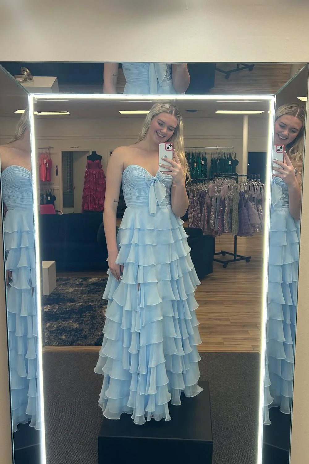 Strapless Yellow Tiered Long Dress with Bow