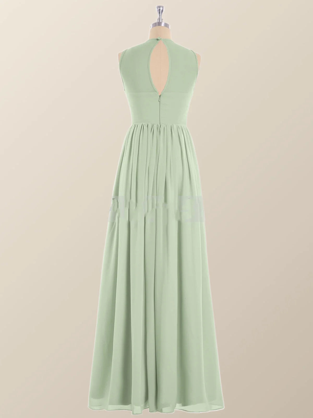 Jewel Neck Sage Green Chiffon Long Bridesmaid Dress