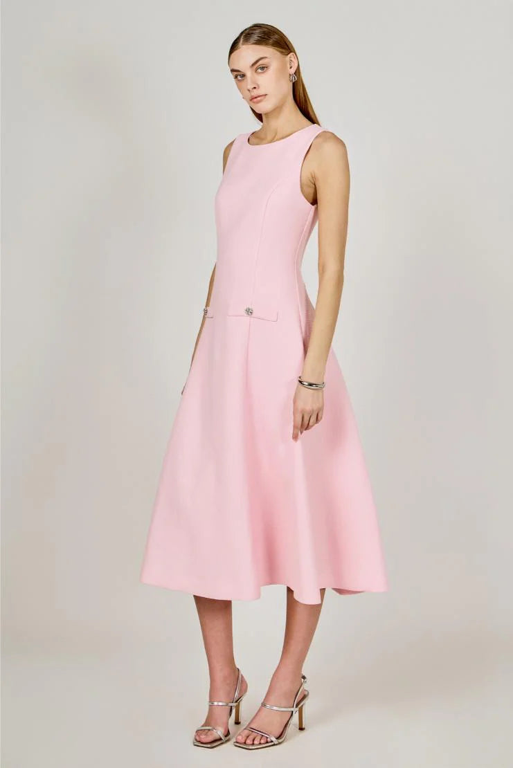 Princess High Neck Tweed Midi Dress - Pink