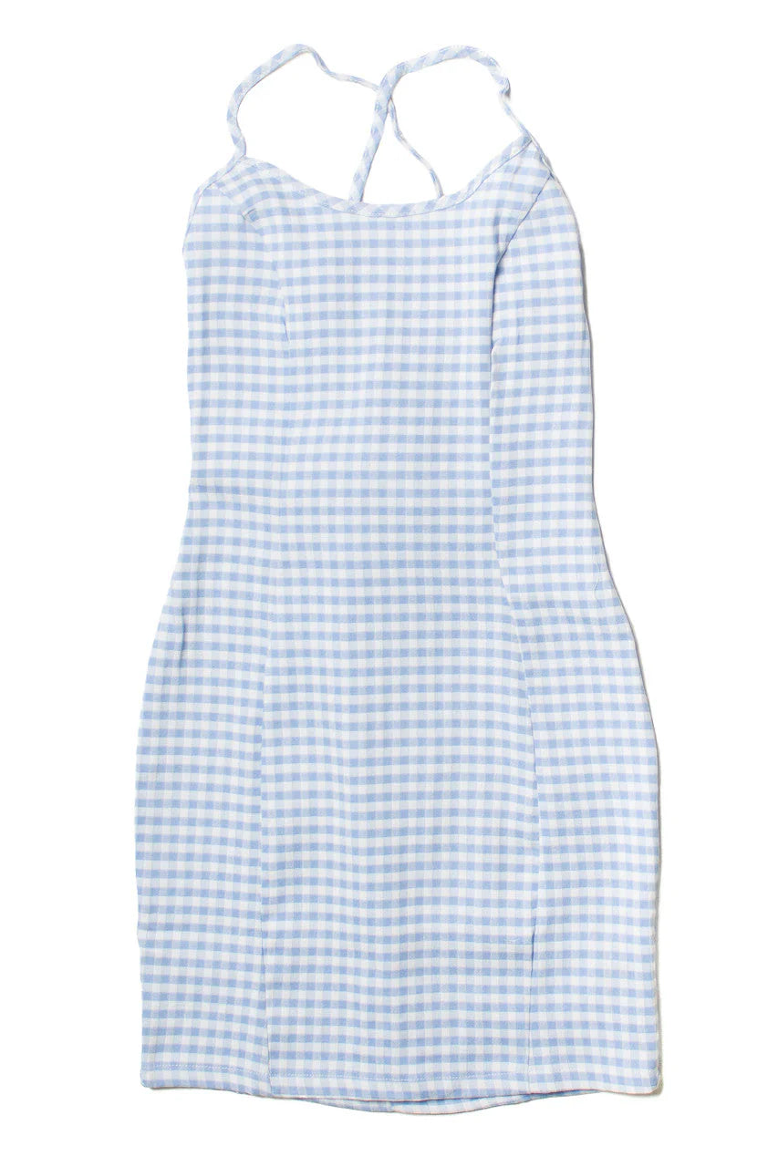 Blue Gingham Lace Up Back Mini Dress