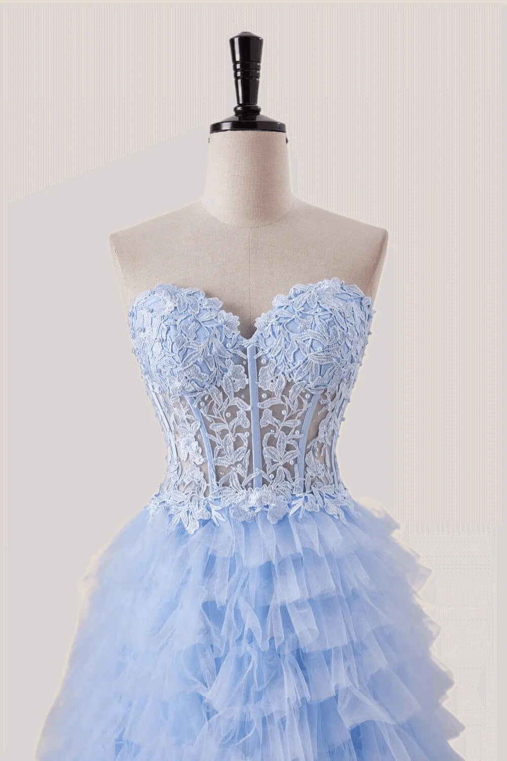 Light Blue Appliques A-line Tiered Ruffles Formal Gown
