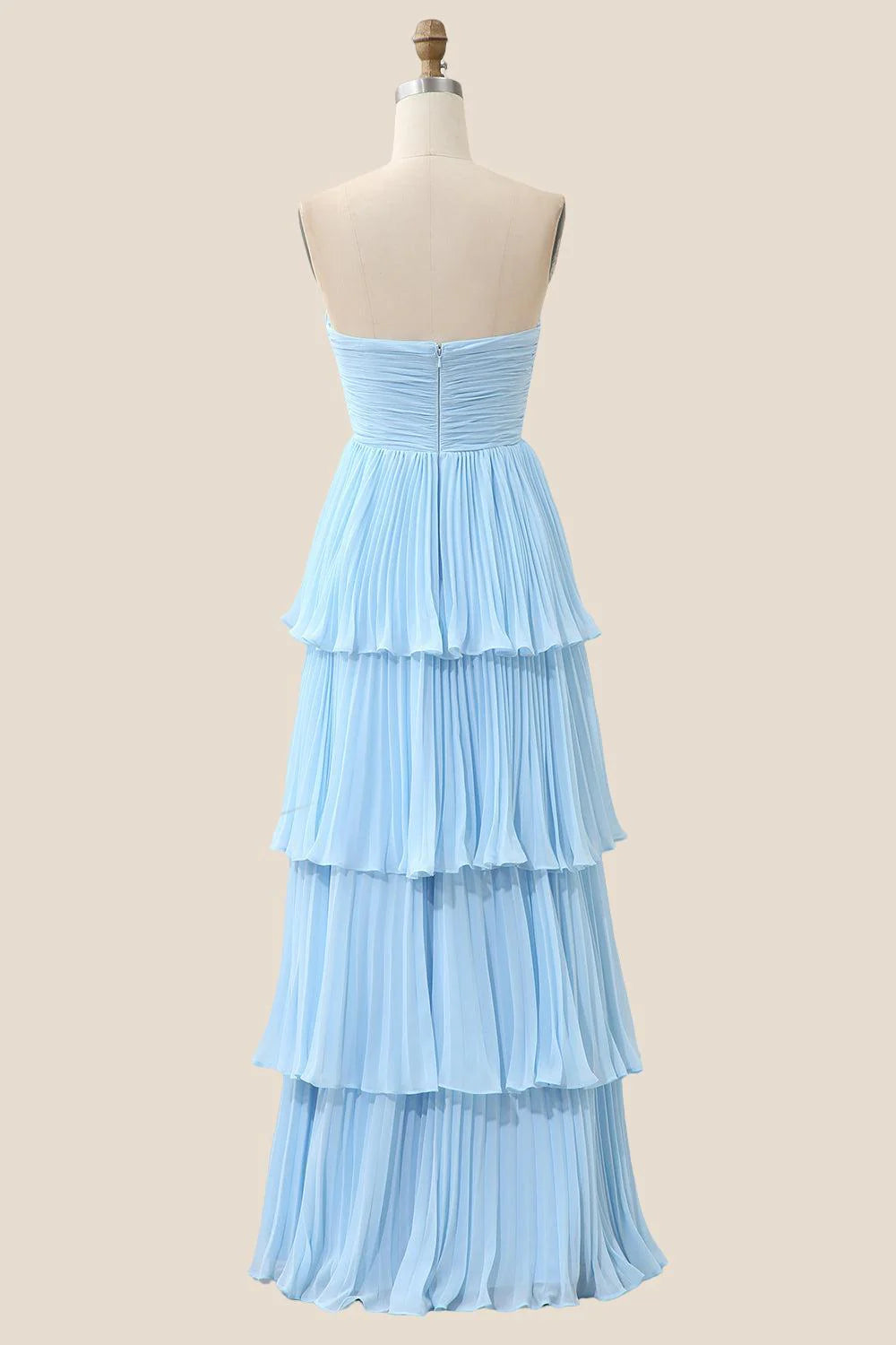Strapless Light Blue Pleated Tiered Long Party Dress