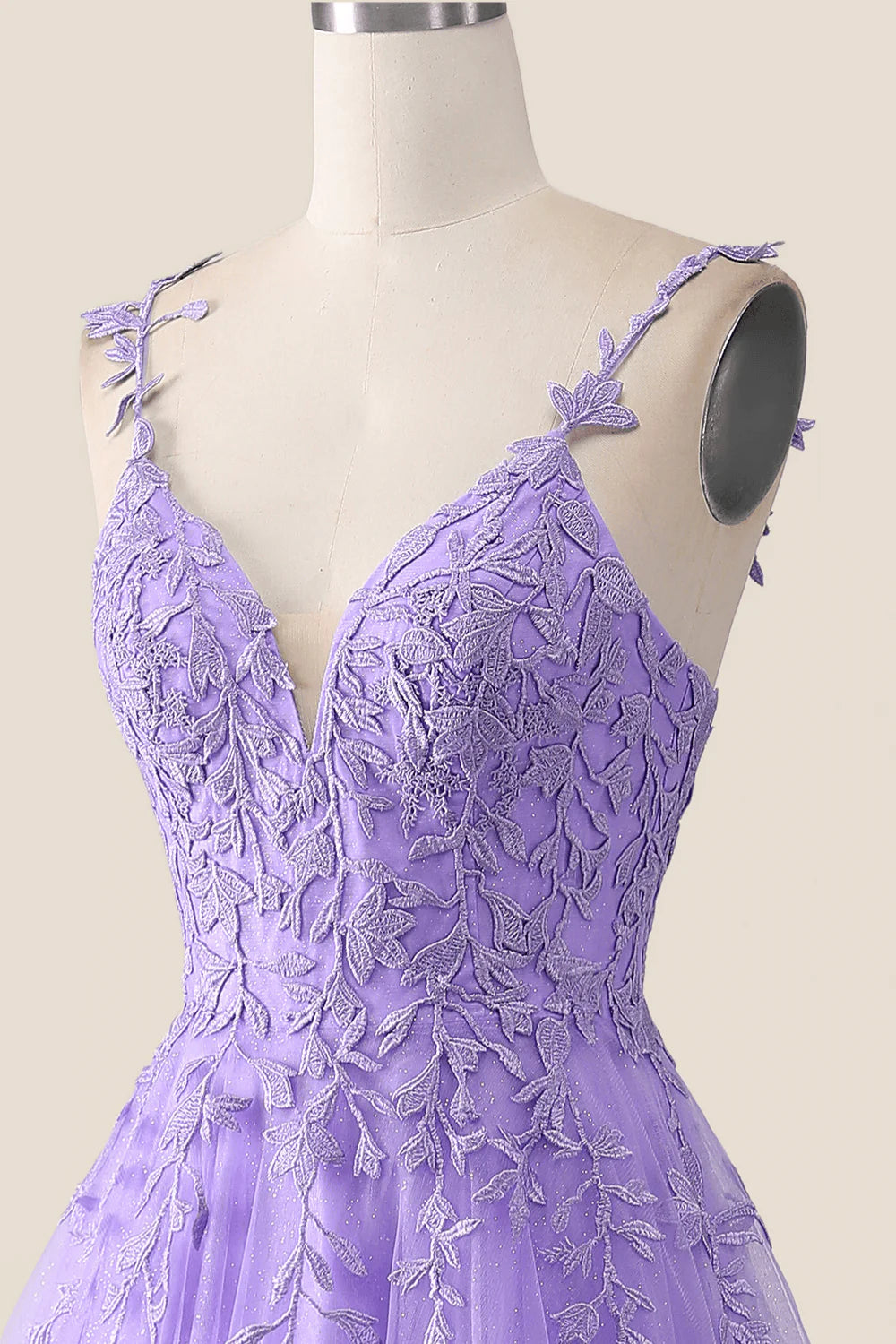 V Neck Lavender Lace A-line Long Prom Dress