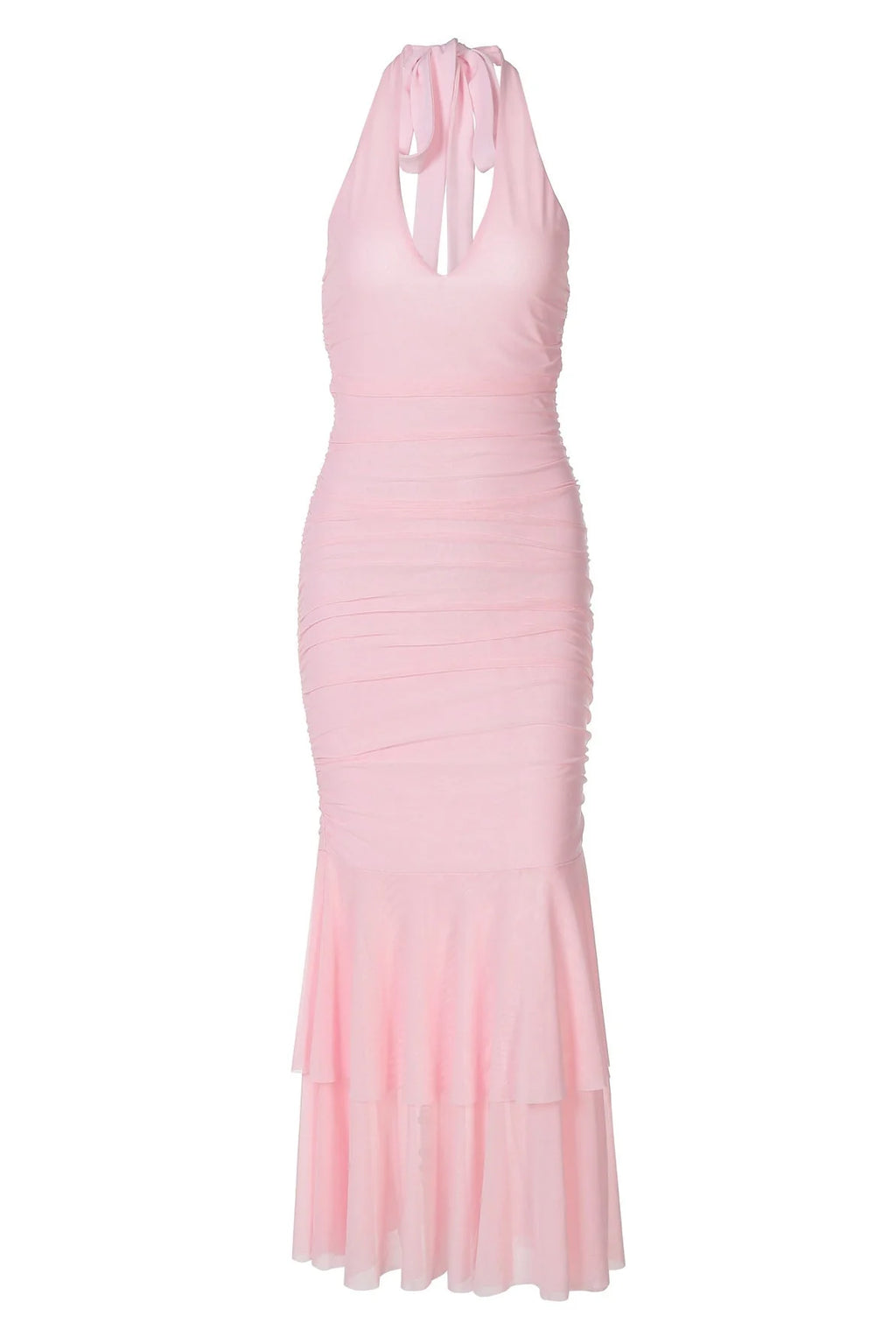Halter Plunge Pink Fitted Ruffle Dress
