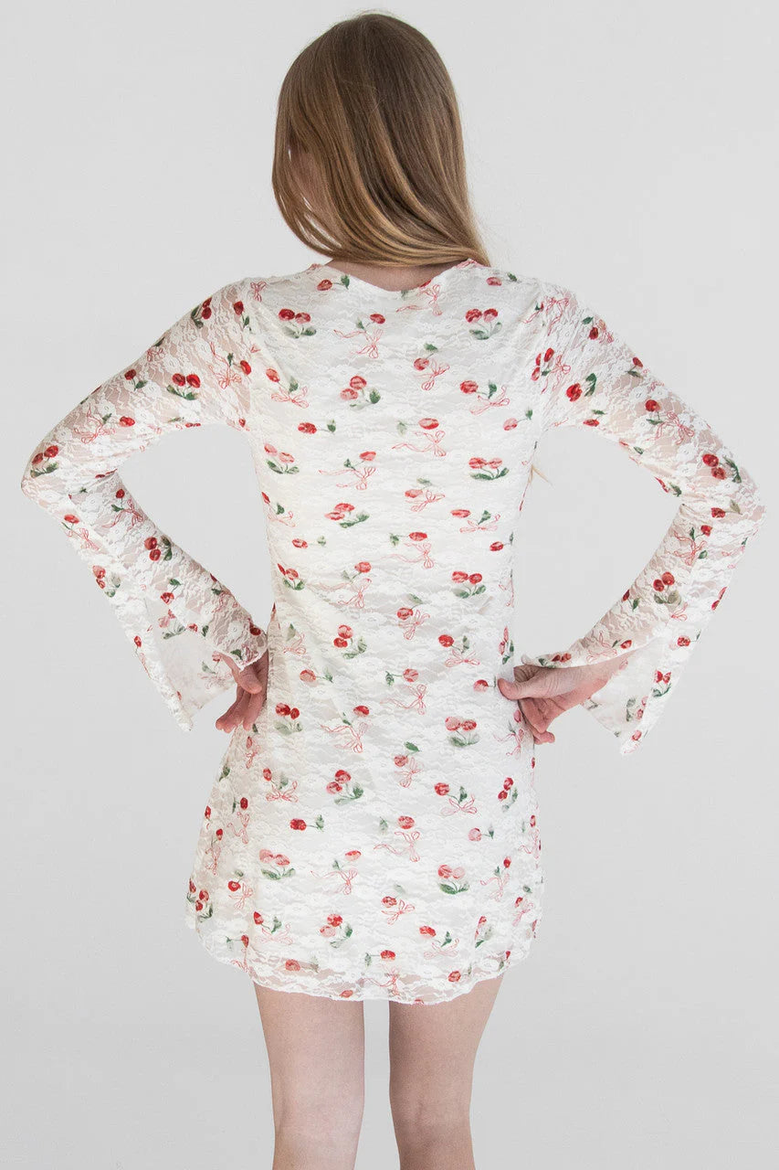 Lace Cherry Bow Long Sleeve Mini Dress