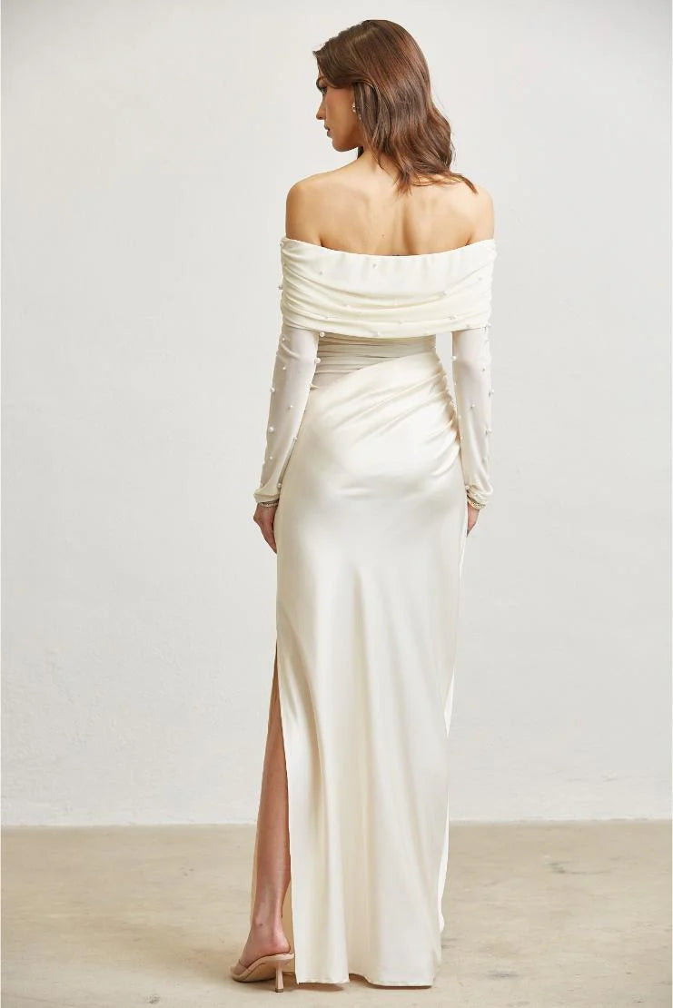 Amara Off Shoulder Pearl Tulle & Satin Maxi Dress - Ivory