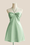 Halter Sage Green Back Tie A-line Short Dress