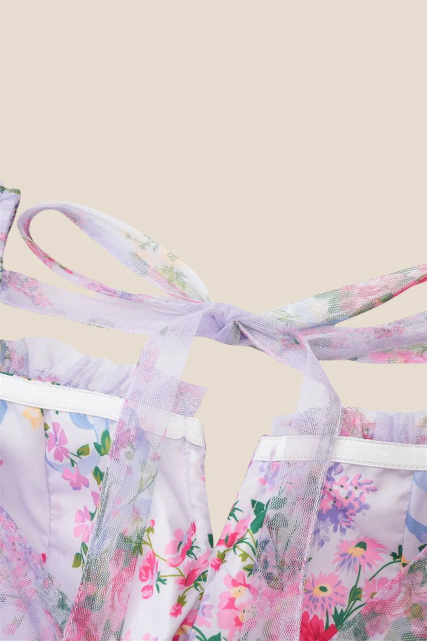 Two Pieces Lavender Floral Print Tiered Long Dress