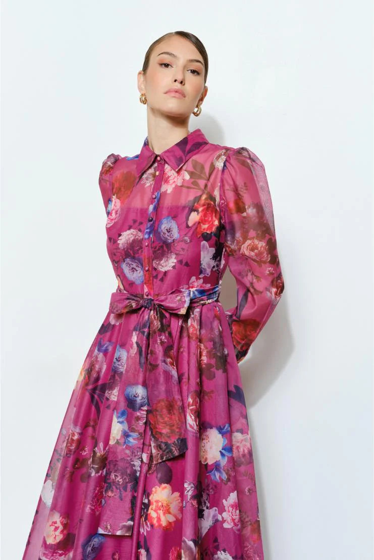 Flora Floral Print Organza Button-Up Midi Dress