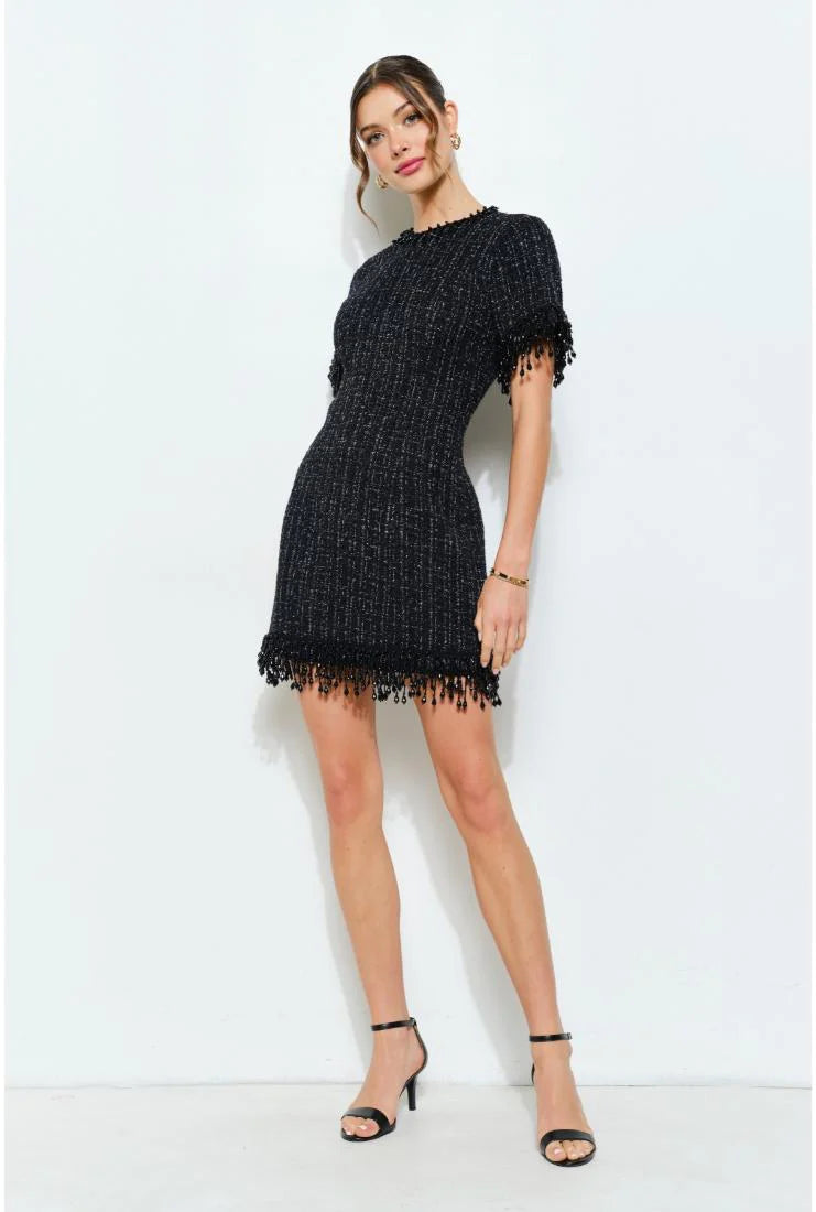 Iris Beaded Fringe Tweed Mini Dress - Black