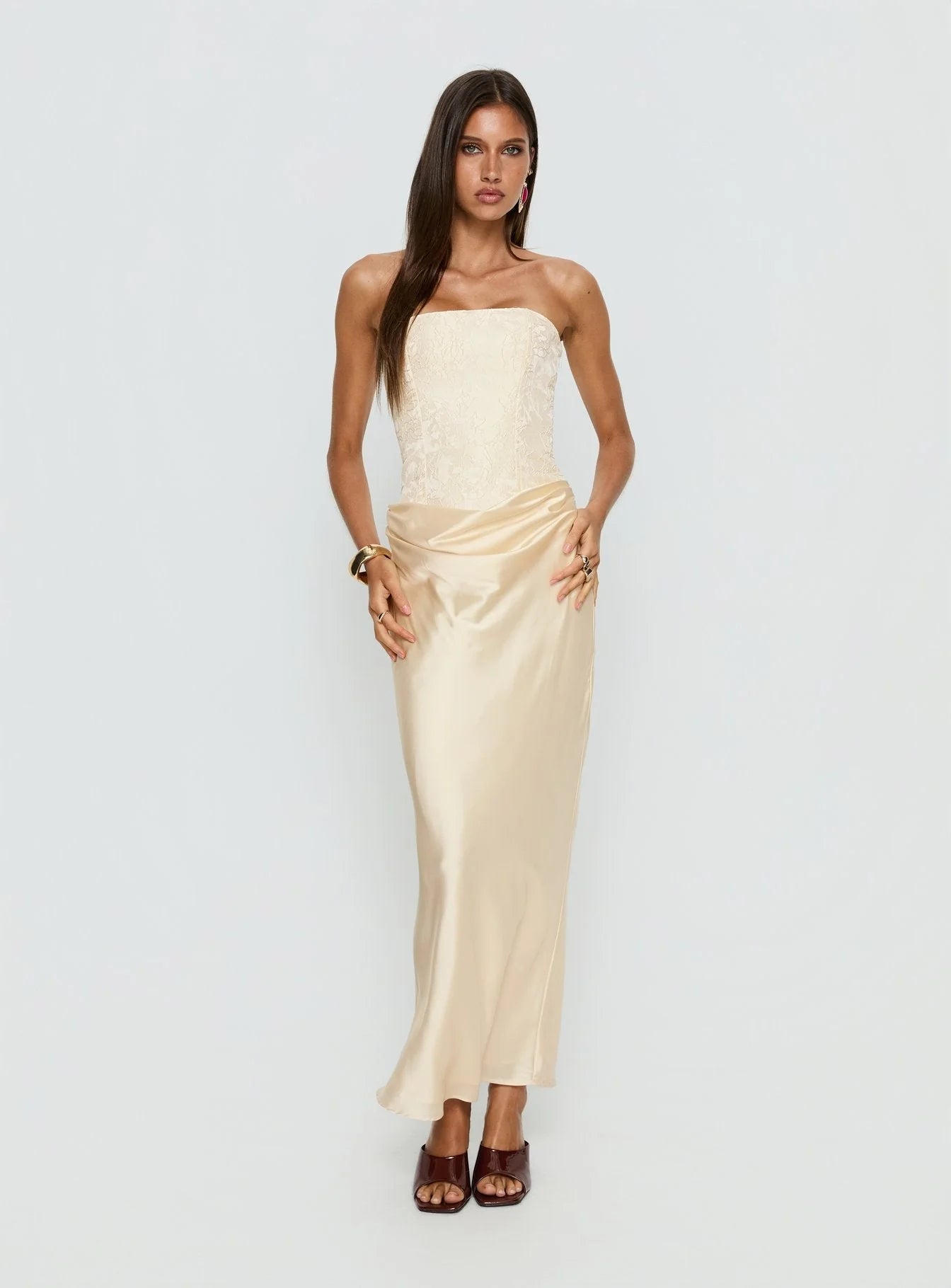 Jenevieve Strapless Drape Maxi Dress Lemon