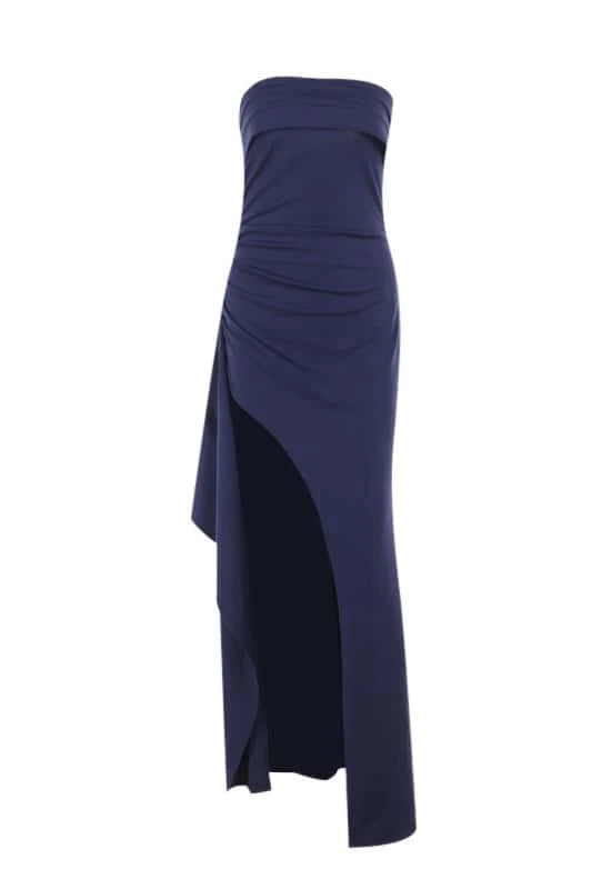 Strapless Burgundy Pleated Long Dress with Slit