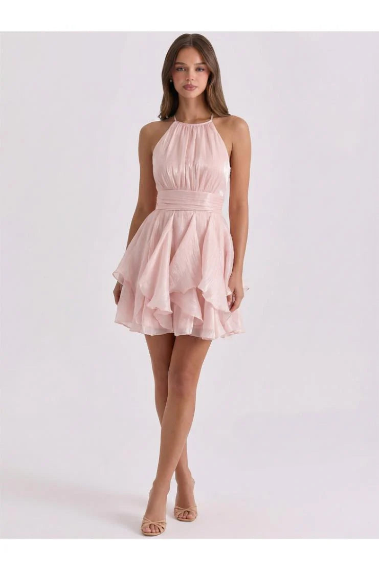 PRE-ORDER Only! (ETA May 15th)  Selena Shimmer Halter Neck Ruffle Mini Dress - Pink