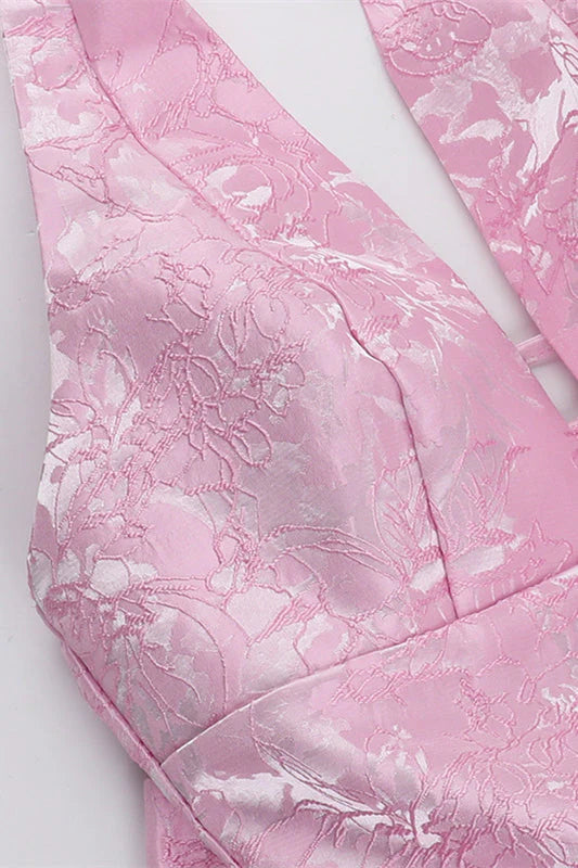 Halter Pink Plunge Short A-line Bow Dress