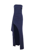 Strapless Navy Blue Pleated Long Dress with Slit