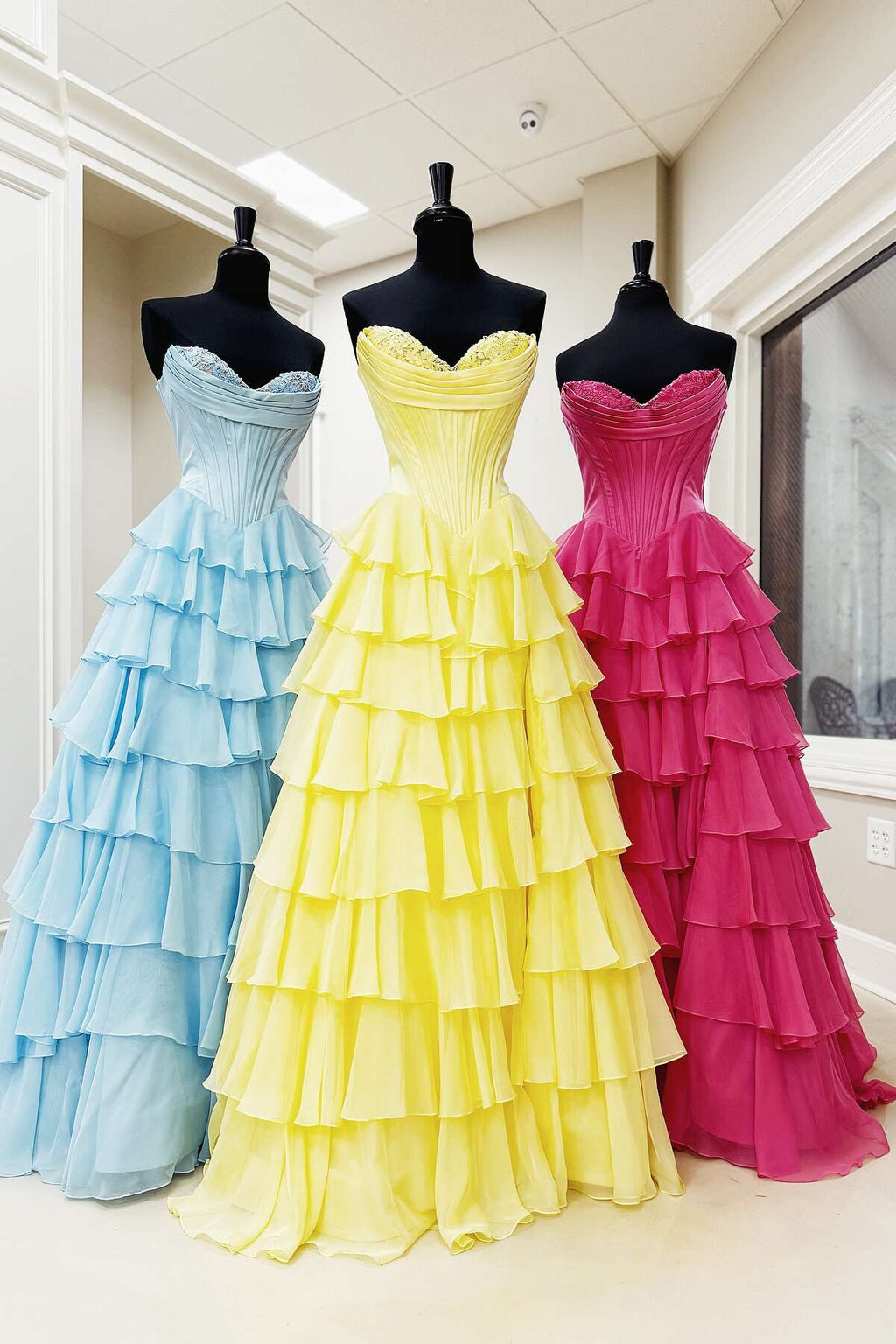 Strapless Orange Tiered Chiffon Long Dress with Slit