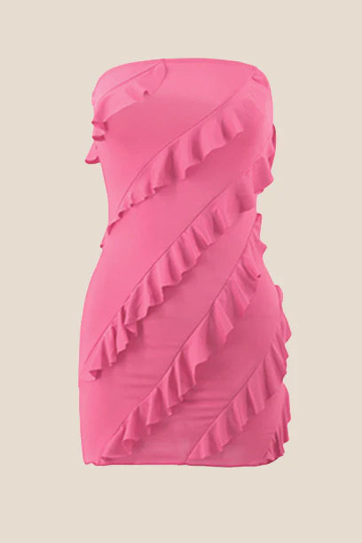 Strapless Pink Ruffled Bodycon Short Dress