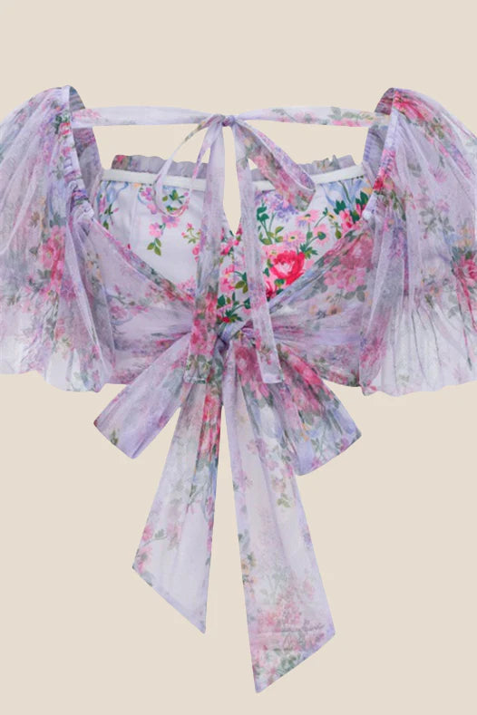 Two Pieces Lavender Floral Print Tiered Long Dress