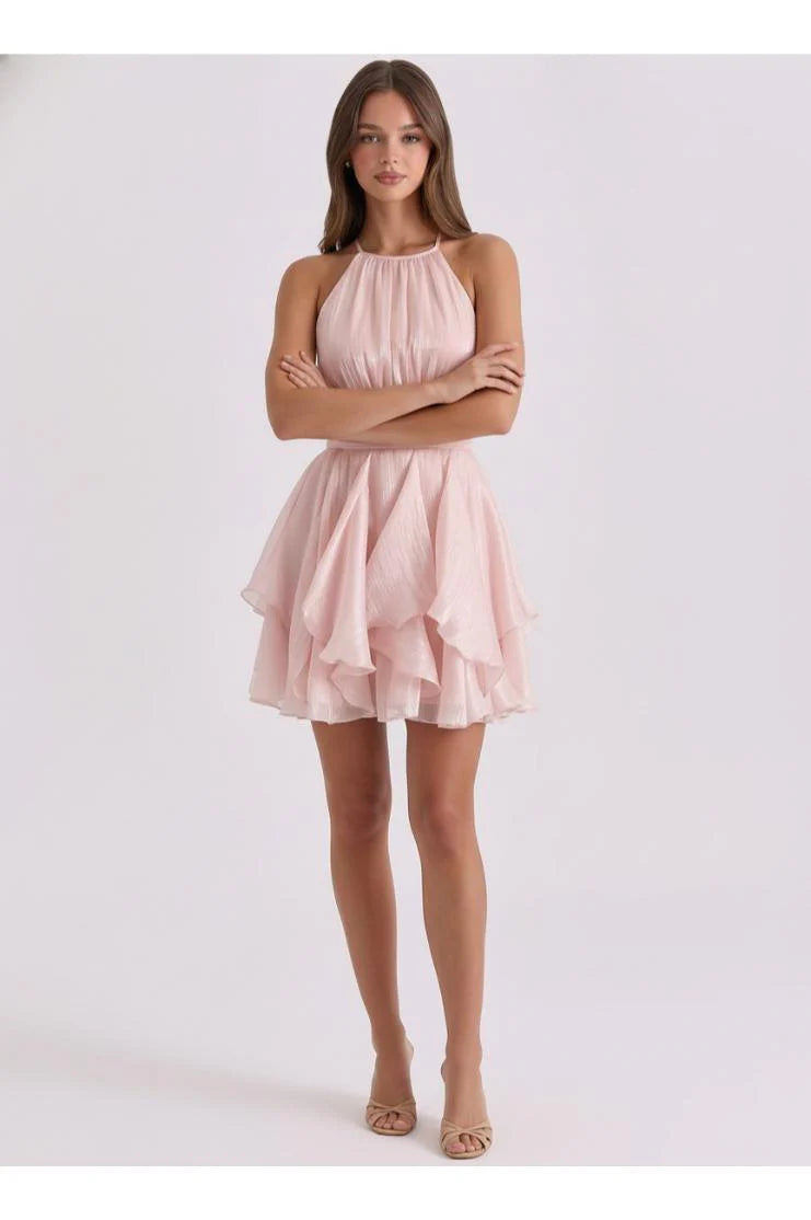 PRE-ORDER Only! (ETA May 15th)  Selena Shimmer Halter Neck Ruffle Mini Dress - Pink